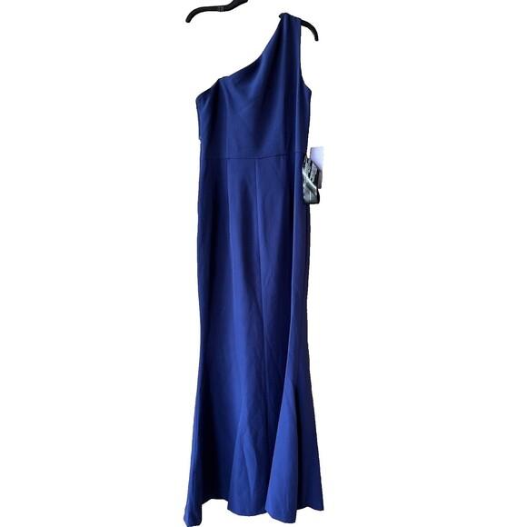 JS Collections women Lilah Bow One Shoulder Long Mermaid Gown size 6 Navy Crepe - Picture 7 of 13